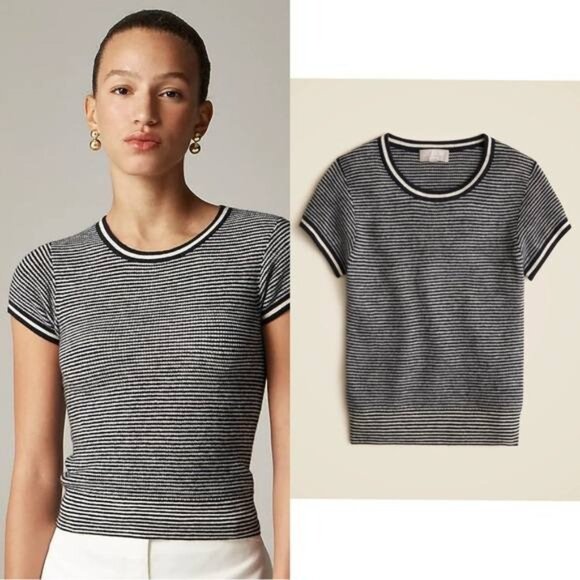 NWT Ribbed featherweight cashmere T-shirt in stripe Size S - Picture 1 of 7